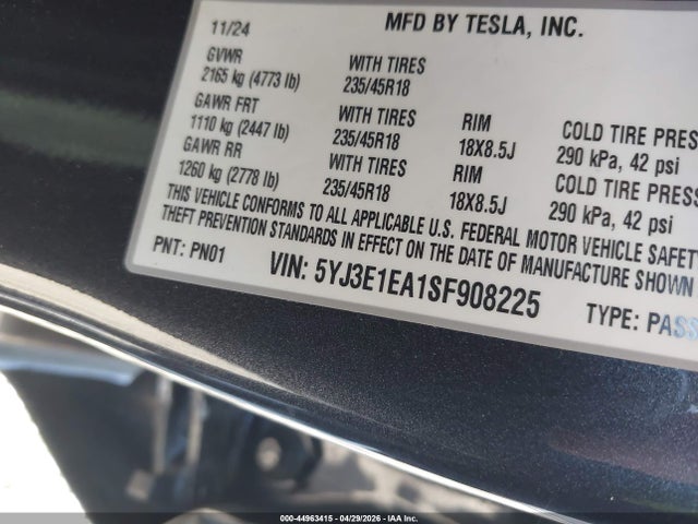 Продаж на аукціоні авто 2025 Tesla Model 3 Long Range Rear-wheel Drive/standard Rear-wheel Drive, vin: 5YJ3E1EA1SF908225, номер лоту: 44963415
