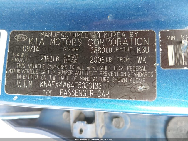 44963424 :رقم المزاد ، KNAFX4A64F5333133 vin ، 2015 Kia Forte Lx مزاد بيع