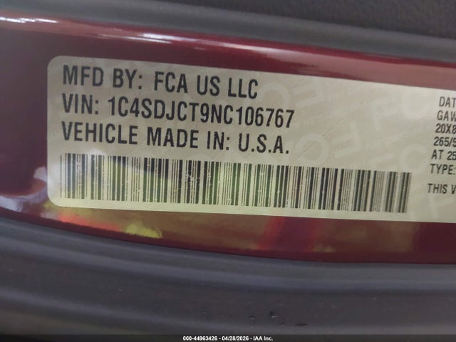 2022 Dodge Durango R/t Awd მანქანა იყიდება აუქციონზე, vin: 1C4SDJCT9NC106767, აუქციონის ნომერი: 44963426