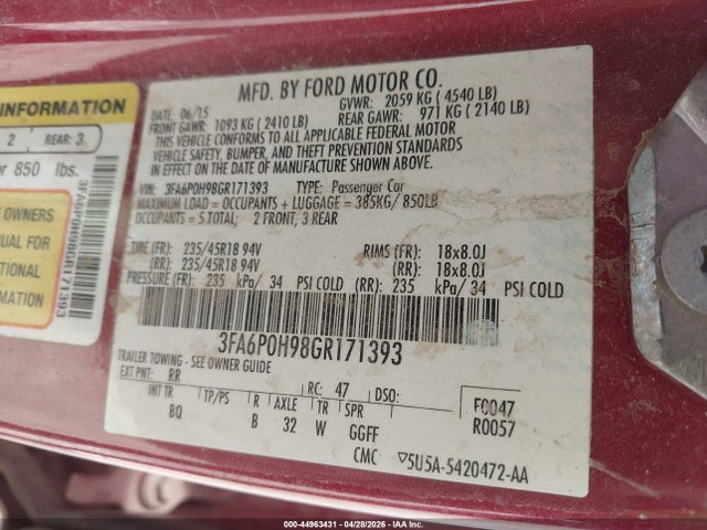 Продаж на аукціоні авто 2016 Ford Fusion Se, vin: 3FA6P0H98GR171393, номер лоту: 44963431
