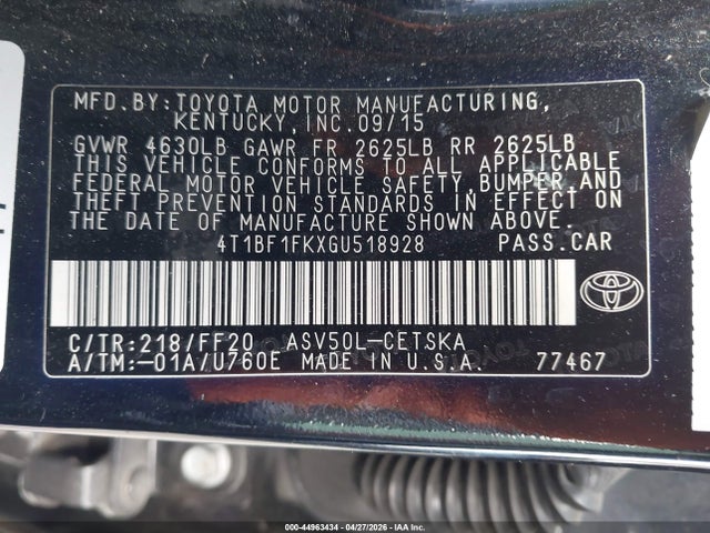 Продажа на аукционе авто 2016 Toyota Camry Se, vin: 4T1BF1FKXGU518928, номер лота: 44963434