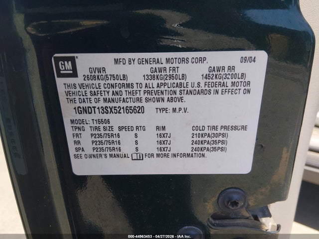 Aukcja sprzedaży 2005 Chevrolet Trailblazer Ls, vin: 1GNDT13SX52165620, numer aukcji: 44963453
