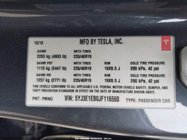 Aukcja sprzedaży 2018 Tesla Model 3 Long Range/performance, vin: 5YJ3E1EB0JF116560, numer aukcji: 44963468