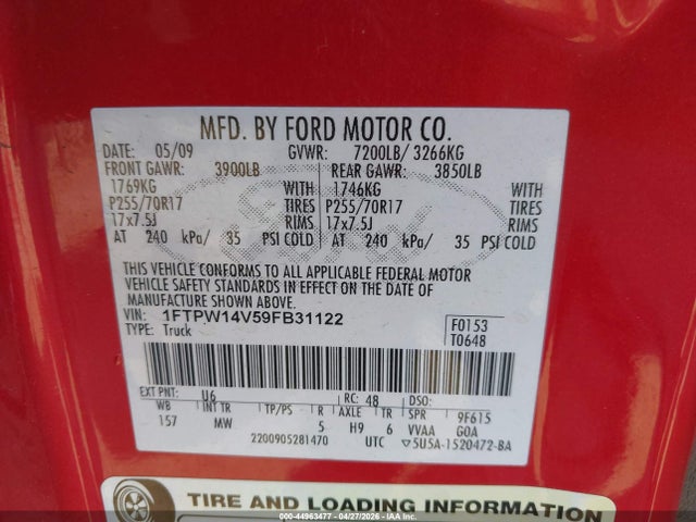 Продажа на аукционе авто 2009 Ford F-150 Fx4/king Ranch/lariat/platinum/xl/xlt, vin: 1FTPW14V59FB31122, номер лота: 44963477