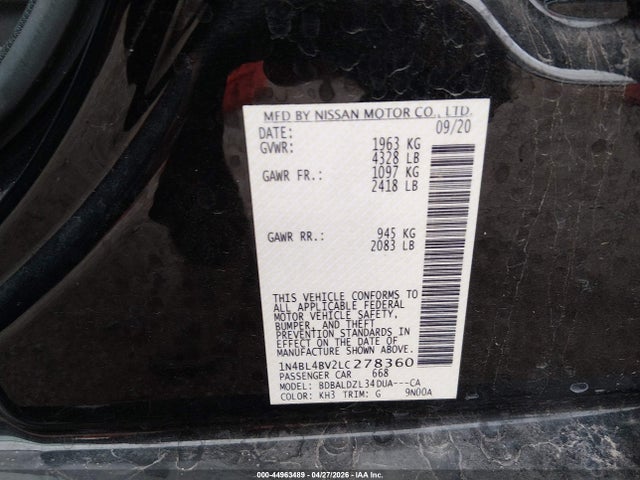 2020 Nissan Altima S Fwd მანქანა იყიდება აუქციონზე, vin: 1N4BL4BV2LC278360, აუქციონის ნომერი: 44963489