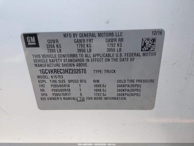 2017 Chevrolet Silverado 1500 1lt მანქანა იყიდება აუქციონზე, vin: 1GCVKREC3HZ202670, აუქციონის ნომერი: 44963494