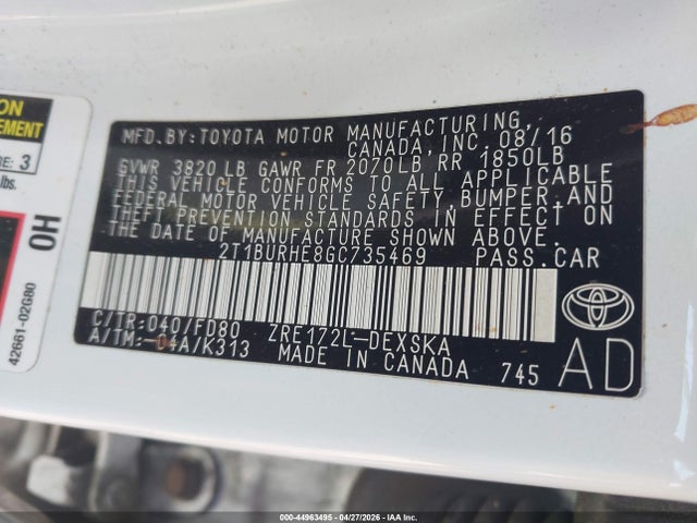 44963495 :رقم المزاد ، 2T1BURHE8GC735469 vin ، 2016 Toyota Corolla S Plus مزاد بيع