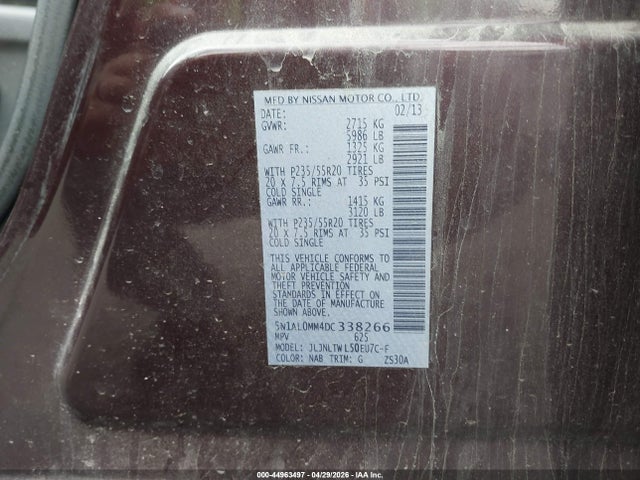 44963497 :رقم المزاد ، 5N1AL0MM4DC338266 vin ، 2013 Infiniti Jx35 مزاد بيع
