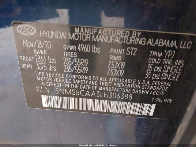 Aukcja sprzedaży 2020 Hyundai Santa Fe Limited 2.0t, vin: 5NMS5CAA3LH306388, numer aukcji: 44963501