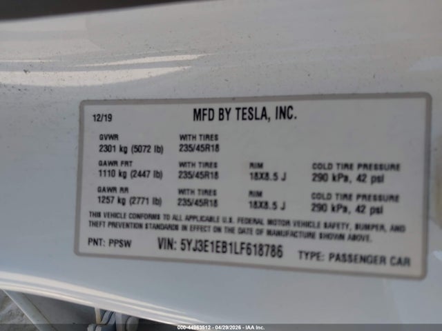 44963512 :رقم المزاد ، 5YJ3E1EB1LF618786 vin ، 2020 Tesla Model 3 Long Range Dual Motor All-wheel Drive مزاد بيع