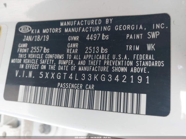 2019 Kia Optima Lx მანქანა იყიდება აუქციონზე, vin: 5XXGT4L33KG342191, აუქციონის ნომერი: 44963517