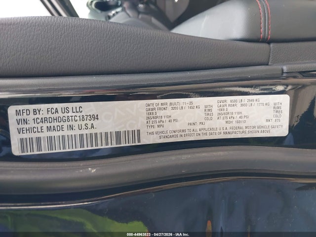 Aukcja sprzedaży 2026 Dodge Durango Gt Rwd, vin: 1C4RDHDG8TC187394, numer aukcji: 44963523