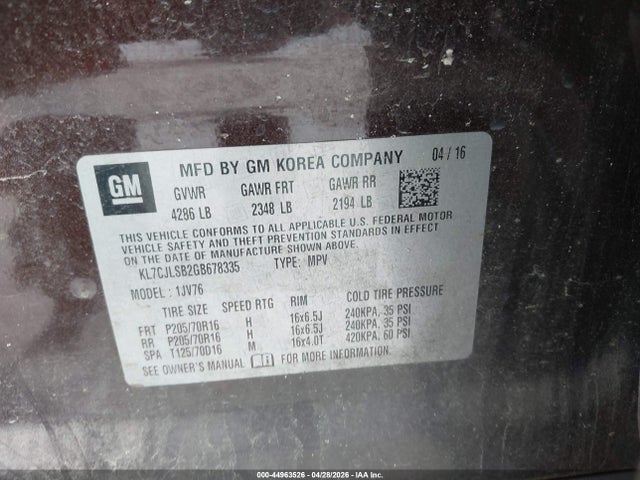 Продаж на аукціоні авто 2016 Chevrolet Trax Lt, vin: KL7CJLSB2GB678335, номер лоту: 44963526