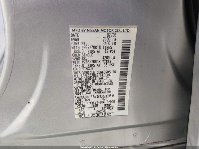 44963529 :رقم المزاد ، 5N3AA08C56N809086 vin ، 2006 Infiniti Qx56 مزاد بيع