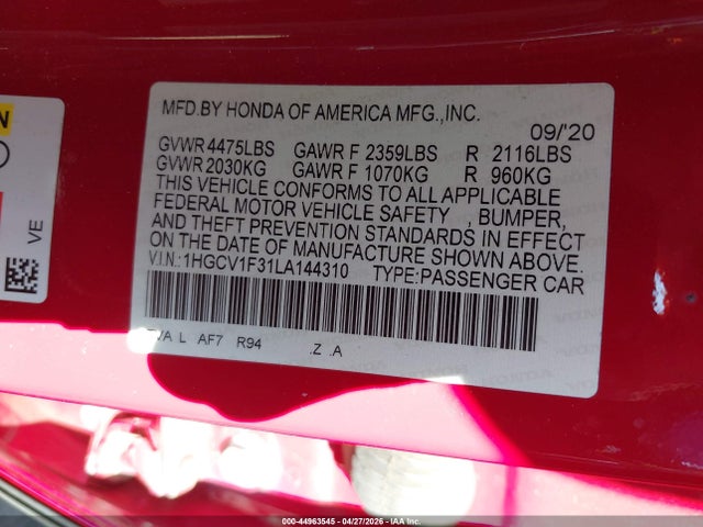 Продаж на аукціоні авто 2020 Honda Accord Sport, vin: 1HGCV1F31LA144310, номер лоту: 44963545