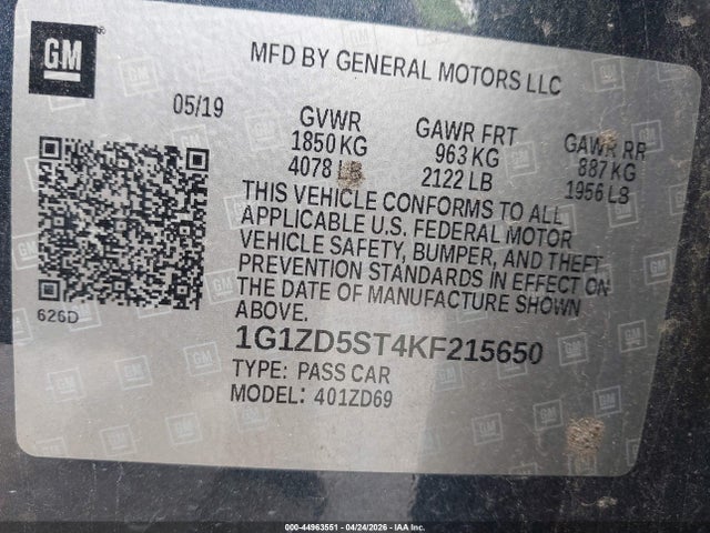 44963551 :رقم المزاد ، 1G1ZD5ST4KF215650 vin ، 2019 Chevrolet Malibu Lt مزاد بيع