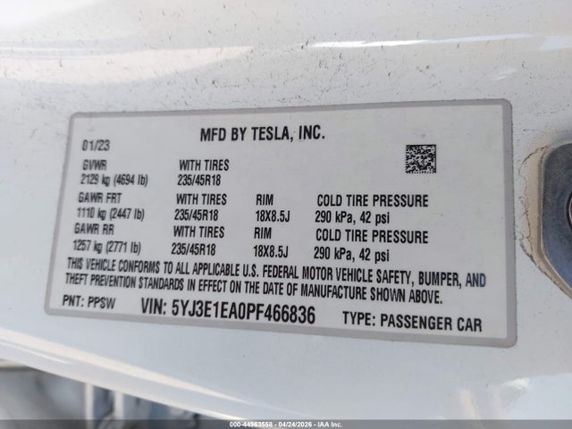 5YJ3E1EA0PF466836 Tesla Model 3 Rear-wheel Drive