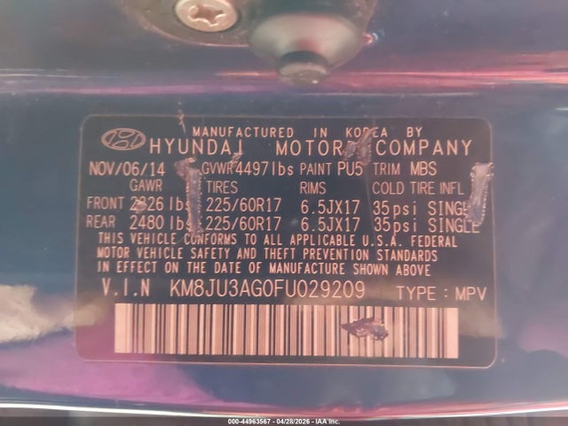 Продажа на аукционе авто 2015 Hyundai Tucson Se, vin: KM8JU3AG0FU029209, номер лота: 44963567