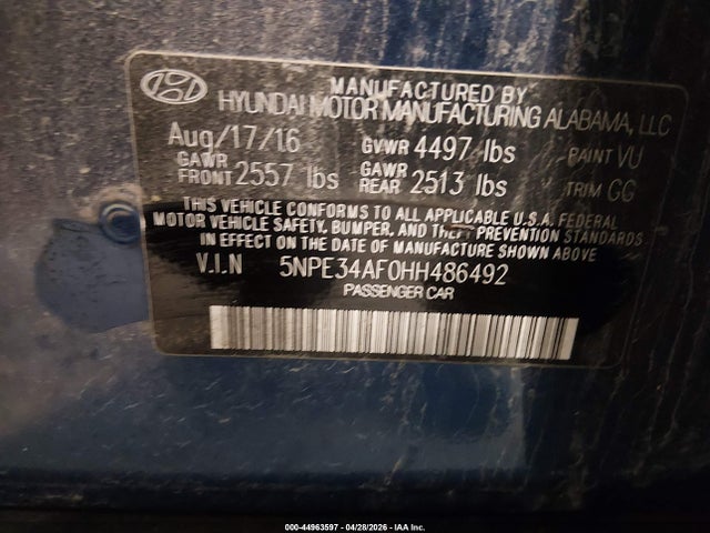 2017 Hyundai Sonata Limited მანქანა იყიდება აუქციონზე, vin: 5NPE34AF0HH486492, აუქციონის ნომერი: 44963597