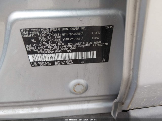 44963599 :رقم المزاد ، 2T3BFREV6GW427849 vin ، 2016 Toyota Rav4 Le مزاد بيع