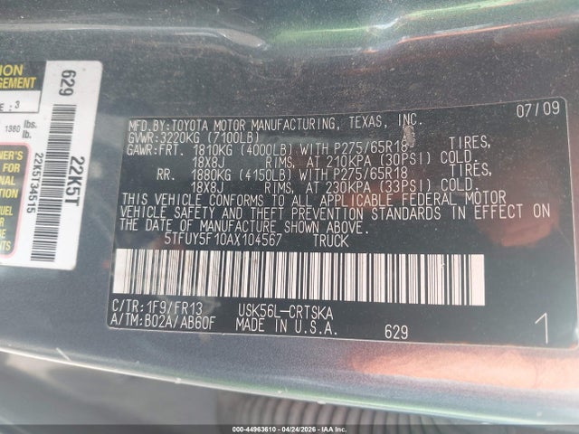 Продажа на аукционе авто 2010 Toyota Tundra Grade 5.7l V8, vin: 5TFUY5F10AX104567, номер лота: 44963610