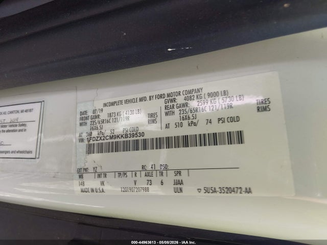 2019 Ford Transit-350 Xl მანქანა იყიდება აუქციონზე, vin: 1FDZX2CM9KKB39530, აუქციონის ნომერი: 44963613