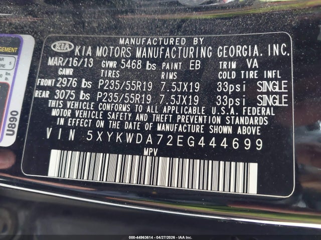 Продажа на аукционе авто 2014 Kia Sorento Limited V6, vin: 5XYKWDA72EG444699, номер лота: 44963614