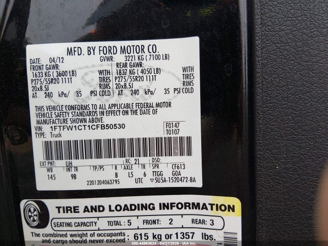 Продажа на аукционе авто 2012 Ford F-150 Platinum, vin: 1FTFW1CT1CFB50530, номер лота: 44963624