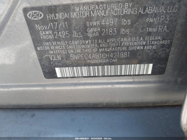 2012 Hyundai Sonata Se 2.0t მანქანა იყიდება აუქციონზე, vin: 5NPEC4AB1CH421981, აუქციონის ნომერი: 44963631