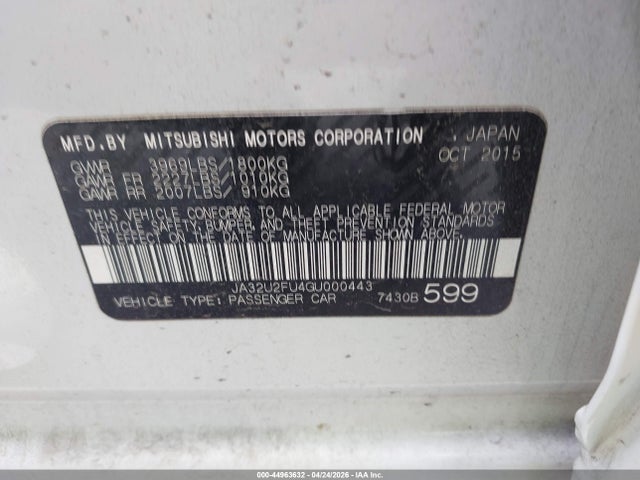 Продаж на аукціоні авто 2016 Mitsubishi Lancer Es, vin: JA32U2FU4GU000443, номер лоту: 44963632