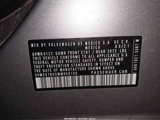 2021 Volkswagen Jetta მანქანა იყიდება აუქციონზე, vin: 3VWC57BU5MM059150, აუქციონის ნომერი: 44963633