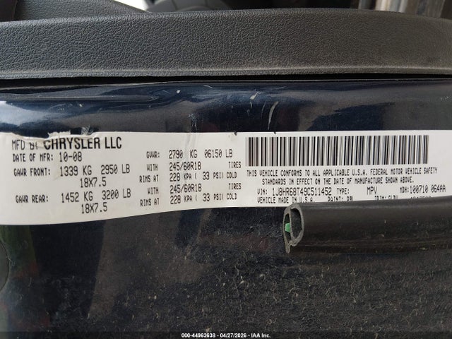 2009 Jeep Grand Cherokee Overland მანქანა იყიდება აუქციონზე, vin: 1J8HR68T49C511452, აუქციონის ნომერი: 44963638