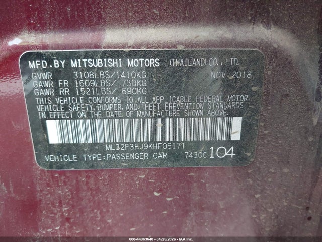 Продаж на аукціоні авто 2019 Mitsubishi Mirage G4 Es, vin: ML32F3FJ9KHF06171, номер лоту: 44963640
