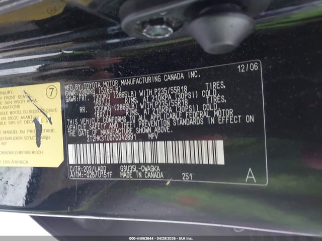 Aukcja sprzedaży 2007 Lexus Rx 350, vin: 2T2HK31U07C042891, numer aukcji: 44963644