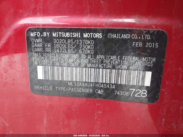 Aukcja sprzedaży 2015 Mitsubishi Mirage Es, vin: ML32A4HJ4FH045434, numer aukcji: 44963656