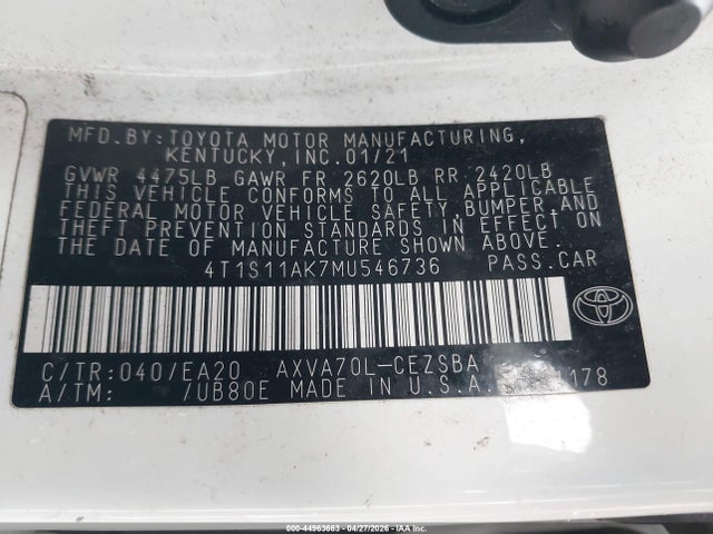 Aukcja sprzedaży 2021 Toyota Camry Se, vin: 4T1S11AK7MU546736, numer aukcji: 44963663