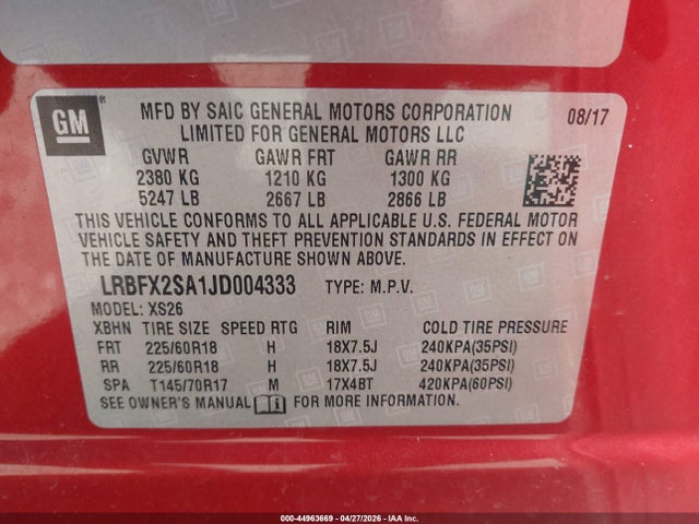Aukcja sprzedaży 2018 Buick Envision Essence, vin: LRBFX2SA1JD004333, numer aukcji: 44963669