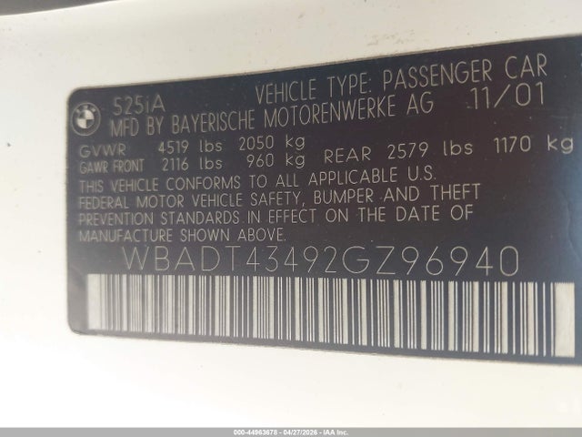 44963678 :رقم المزاد ، WBADT43492GZ96940 vin ، 2002 Bmw 525ia مزاد بيع