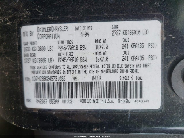 Продажа на аукционе авто 2004 Dodge Dakota Sport/sxt, vin: 1D7HG38K24S731082, номер лота: 44963687
