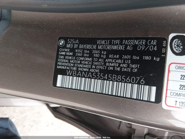 Продаж на аукціоні авто 2005 Bmw 525i, vin: WBANA53545B856076, номер лоту: 44963692