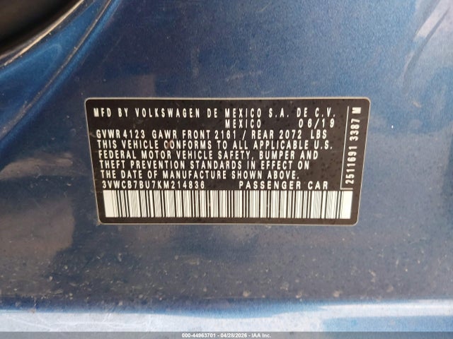 44963701 :رقم المزاد ، 3VWCB7BU7KM214836 vin ، 2019 Volkswagen Jetta 1.4t R-line/1.4t S/1.4t Se مزاد بيع