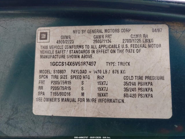 Aukcja sprzedaży 1997 Chevrolet S-10 Fleetside, vin: 1GCCS14X6V8187497, numer aukcji: 44963707