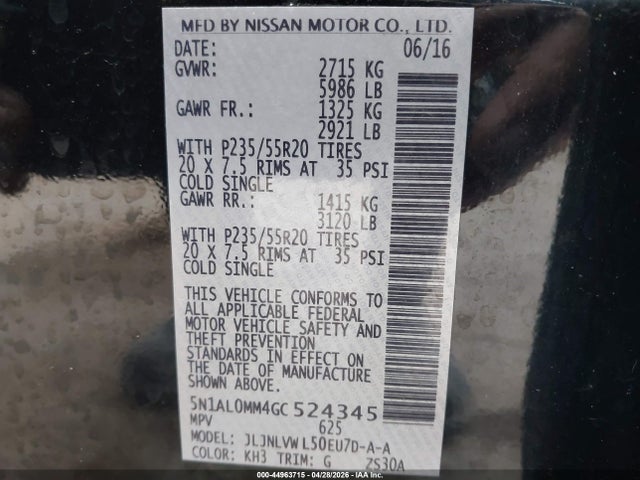 Aukcja sprzedaży 2016 Infiniti Qx60, vin: 5N1AL0MM4GC524345, numer aukcji: 44963715