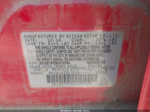 Aukcja sprzedaży 2019 Nissan Sentra Sv, vin: 3N1AB7AP5KL610763, numer aukcji: 44963722