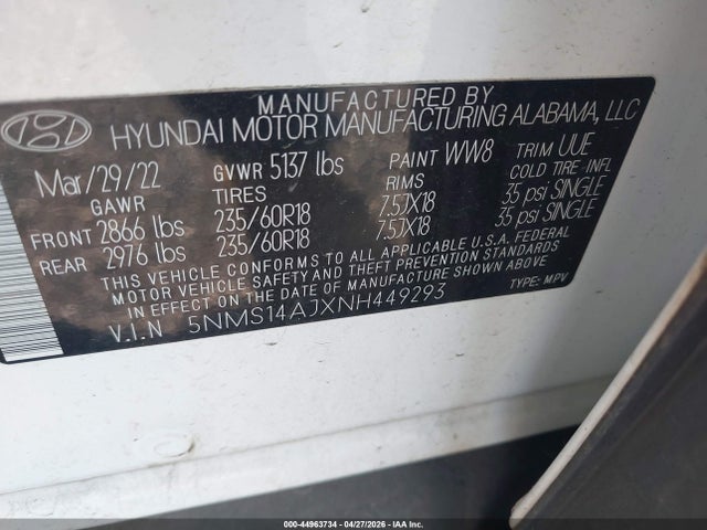 Aukcja sprzedaży 2022 Hyundai Santa Fe Se, vin: 5NMS14AJXNH449293, numer aukcji: 44963734