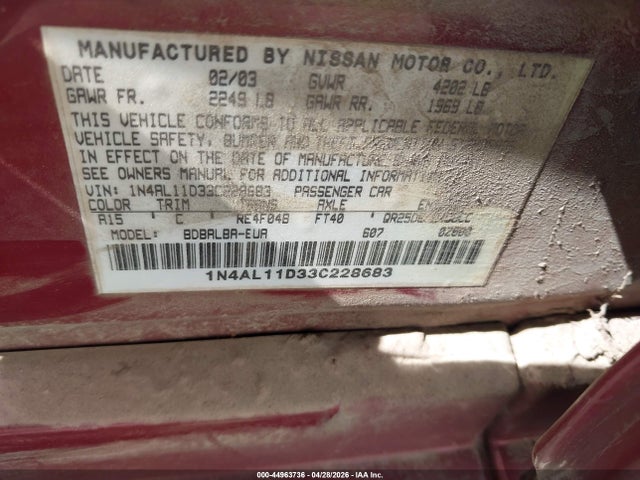 Aukcja sprzedaży 2003 Nissan Altima 2.5 S, vin: 1N4AL11D33C228683, numer aukcji: 44963736