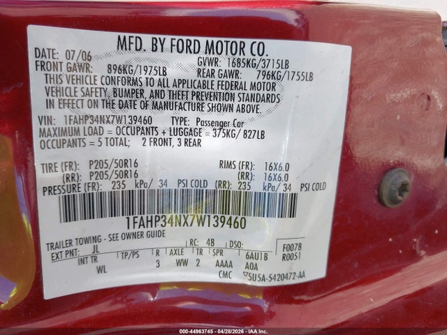 44963745 :رقم المزاد ، 1FAHP34NX7W139460 vin ، 2007 Ford Focus S/se/ses مزاد بيع