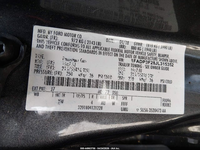 Продажа на аукционе авто 2018 Ford Focus Se, vin: 1FADP3F28JL315352, номер лота: 44963756