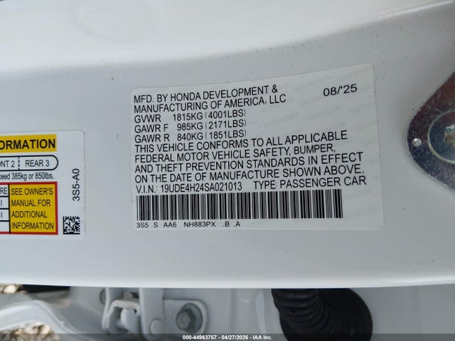 44963757 :رقم المزاد ، 19UDE4H24SA021013 vin ، 2025 Acura Integra مزاد بيع