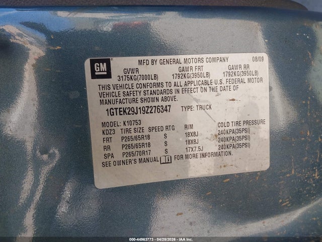 Aukcja sprzedaży 2009 Gmc Sierra 1500 Sle, vin: 1GTEK29J19Z276347, numer aukcji: 44963773